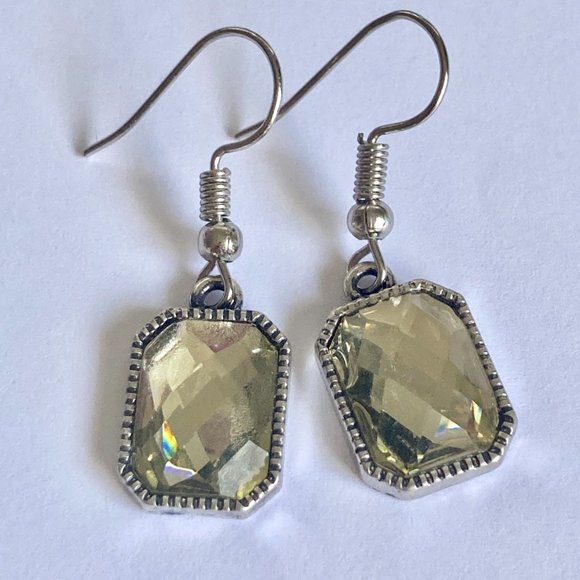 Emerald Radiant Cut Yellow Topaz Crystal Earrings Silver Tone Plated Dangle - Picture 7 of 12